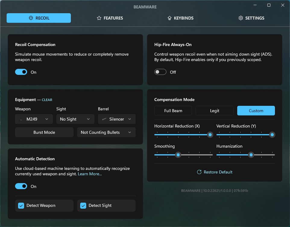 Screenshot of well-designed Beamware main menu showcasing its advanced and customizable features.